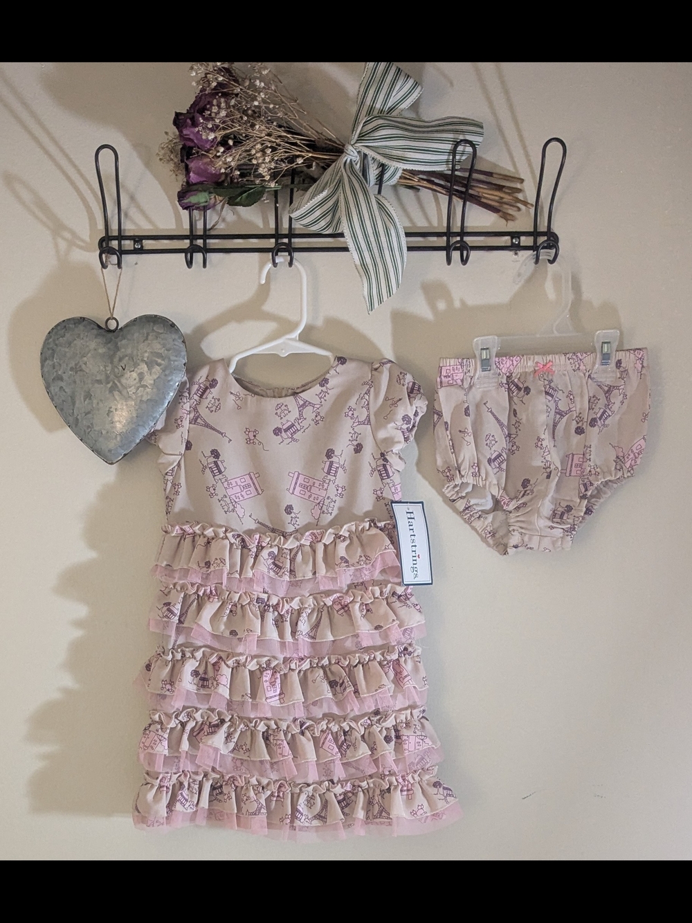 Hartstrings Girls Beige and Pink Printed Ruffle Dress with Bloomers And Headband